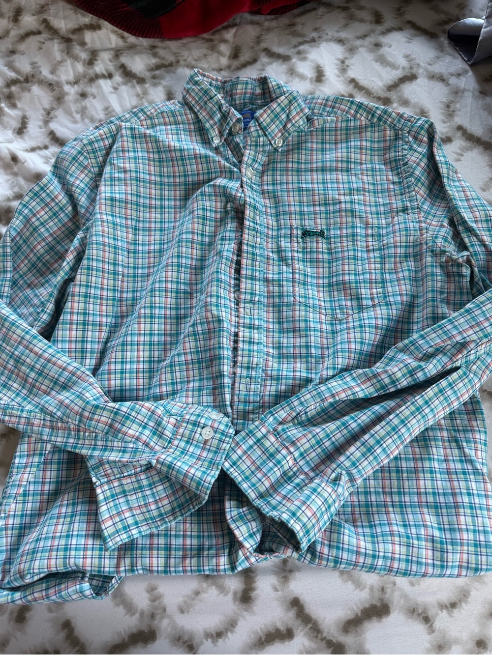 Le Tigre Men's Plaid Button-Down Shirt in Teal, White and Red